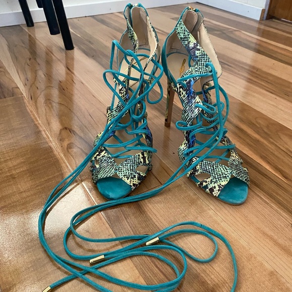 Brian Atwood “Tyra” Teal Snakeskin Gladiator Stiletto Sandal - Picture 6 of 6